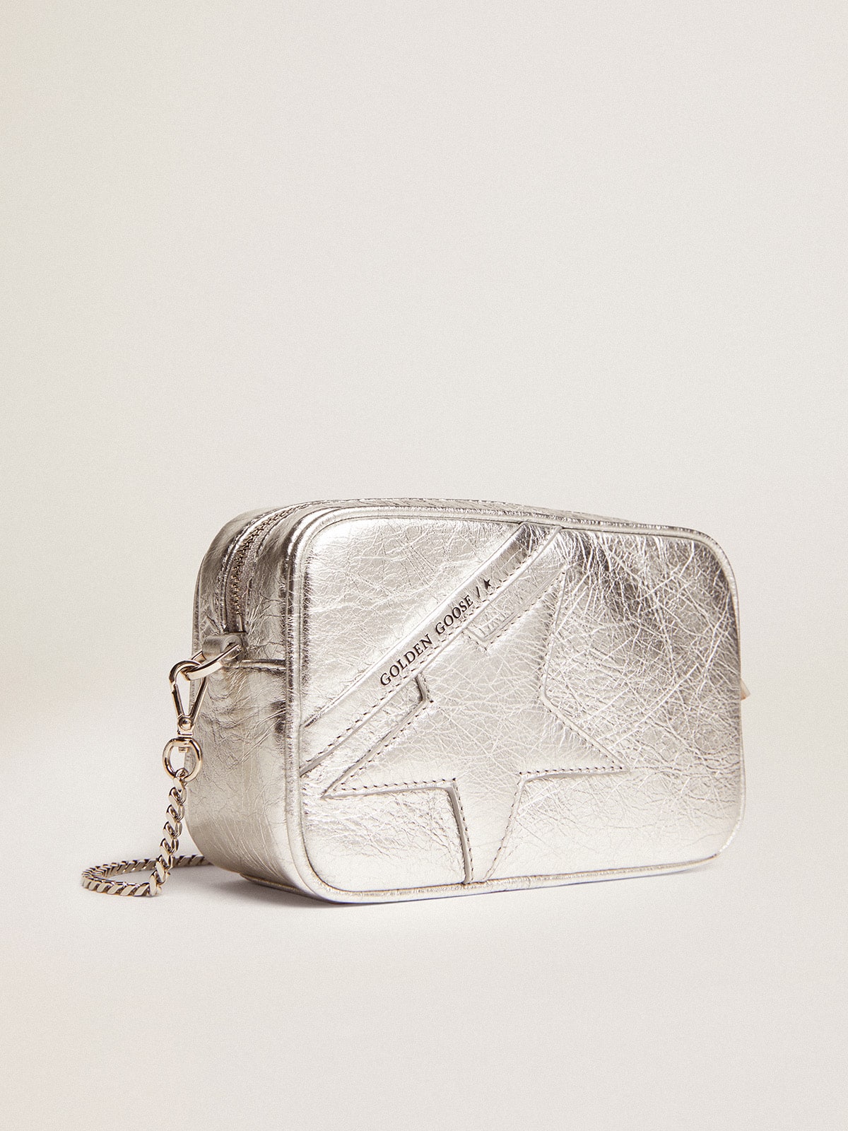 Women's Mini Star Bag in silver laminated leather with tone-on-tone star| Golden Goose