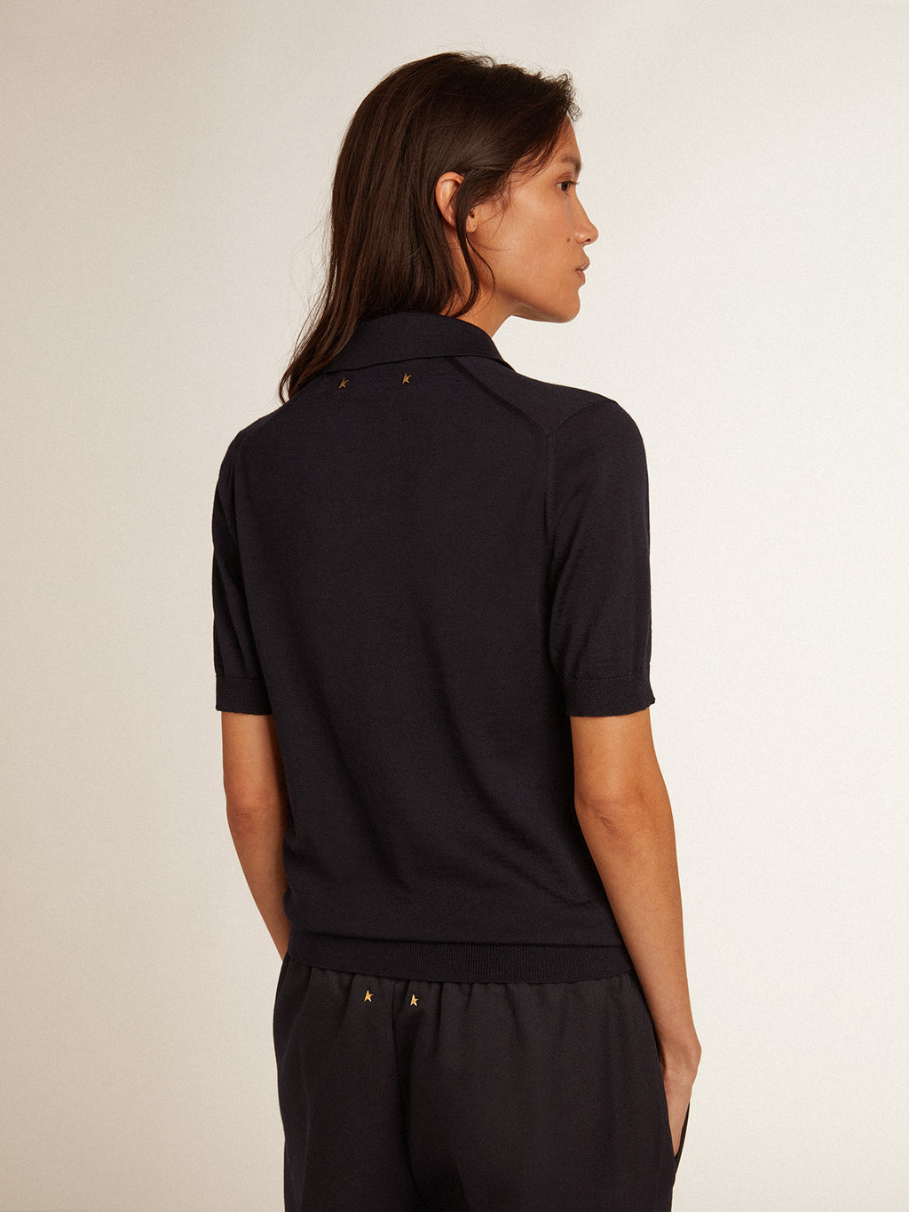 Women's polo shirt in navy-blue merino wool| Golden Goose