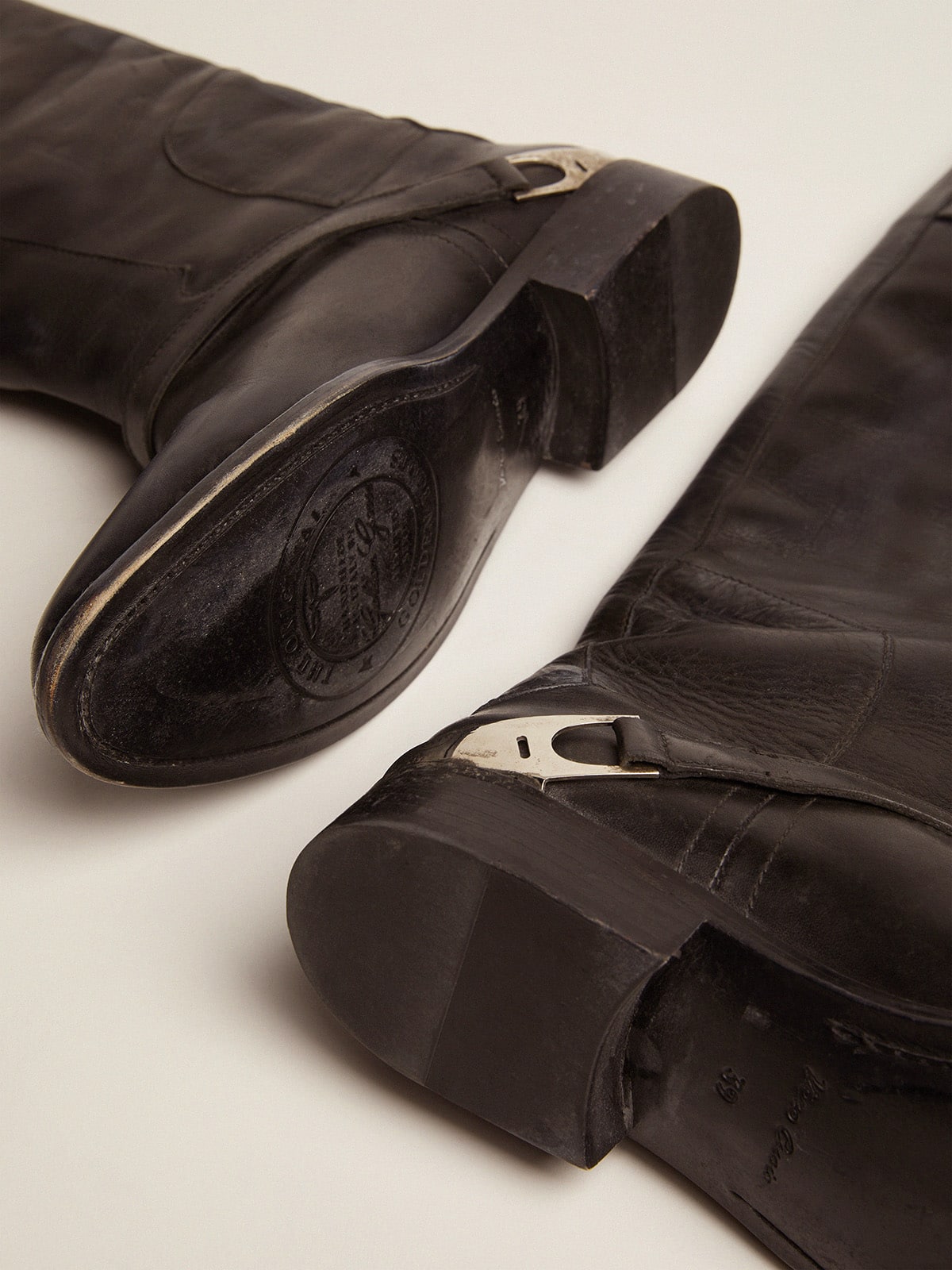 Women's black leather boots with clamp on the heel| Golden Goose