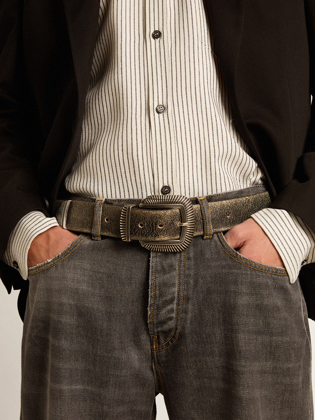 Men's belt in black leather with decorated buckle| Golden Goose