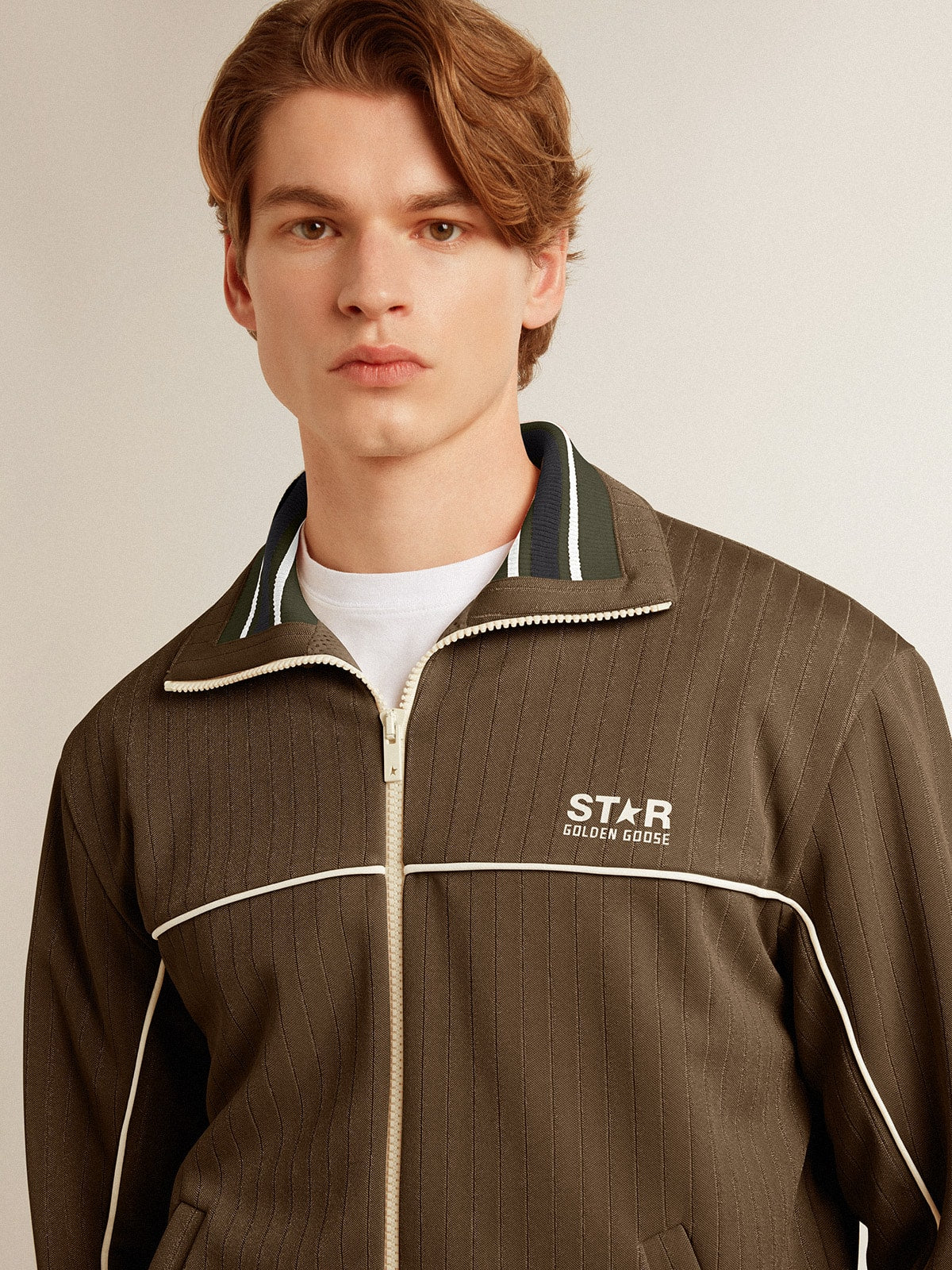 Men's military green zipped sweatshirt with white logo| Golden Goose