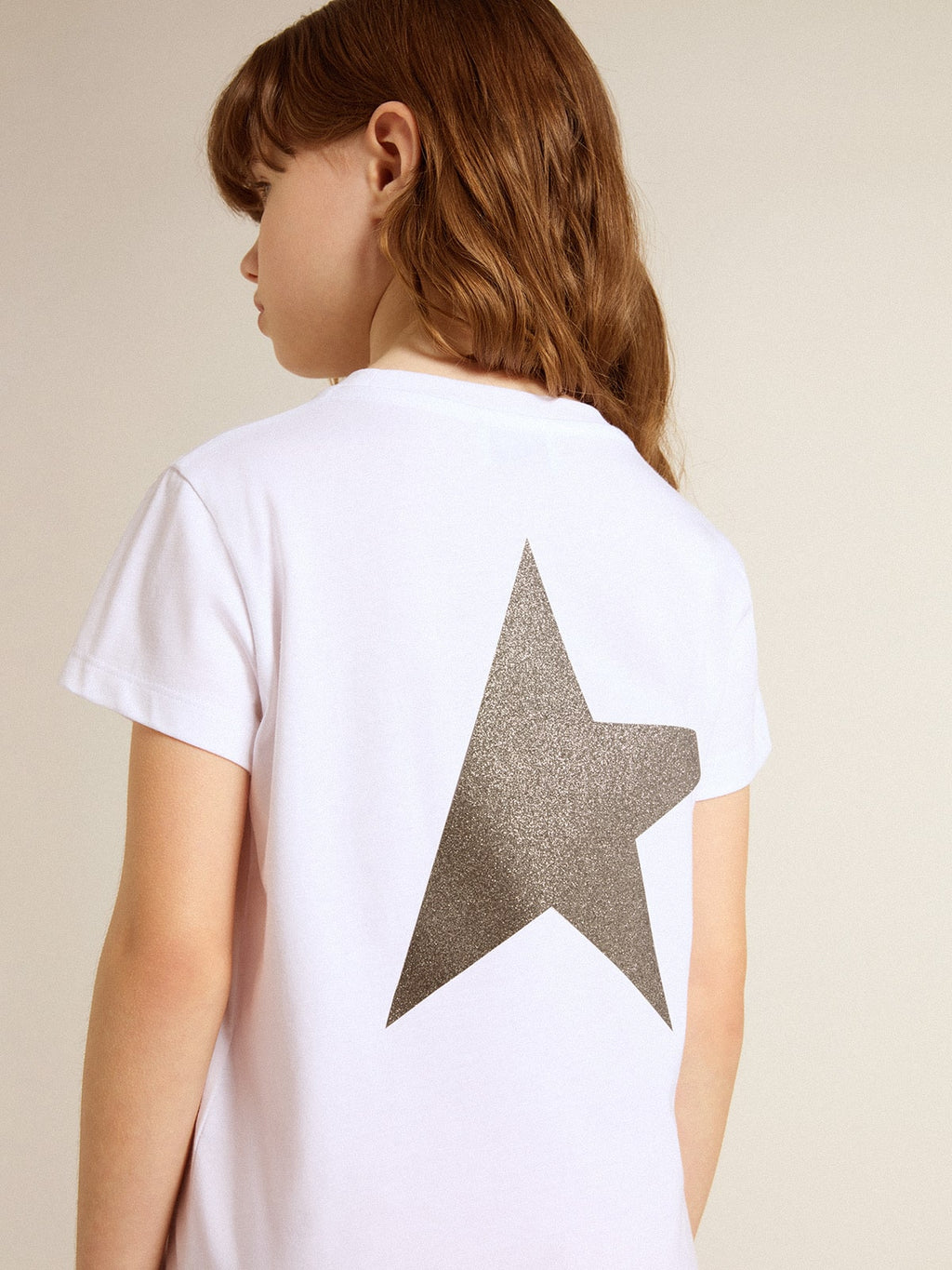 White and silver T-shirt with logo and maxi star in silver glitter| Golden Goose