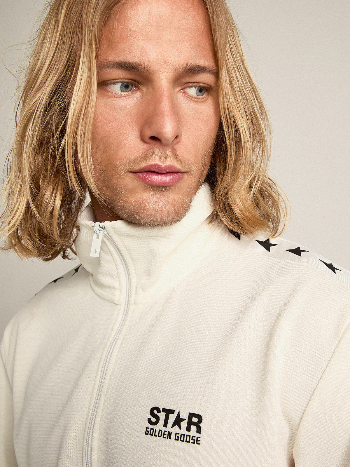 Men's papyrus white zipped sweatshirt with black stars| Golden Goose