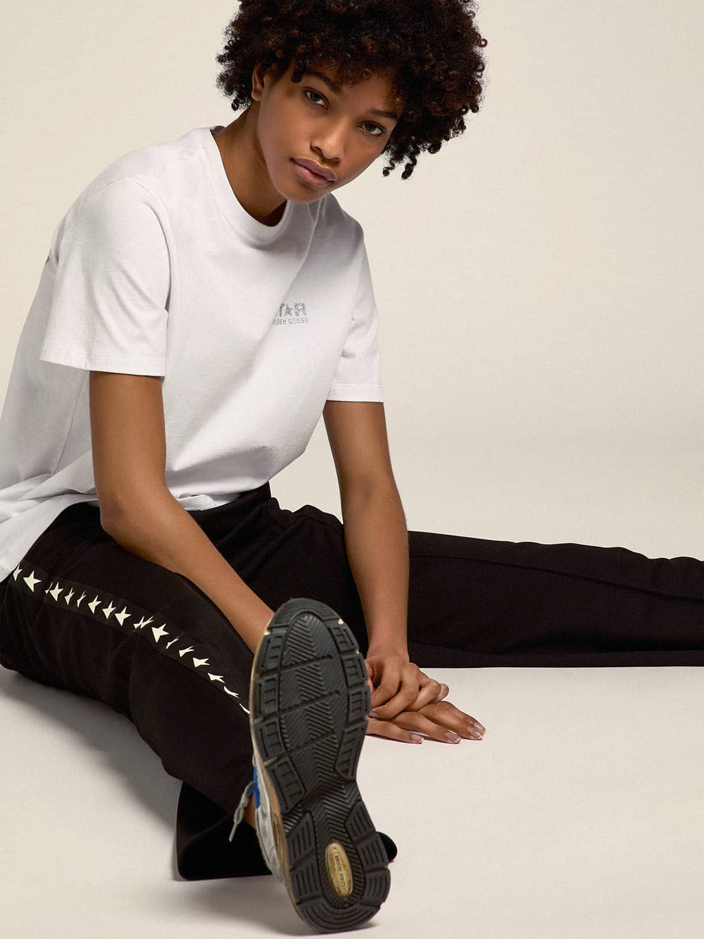 Women's white T-shirt with silver glitter logo and star| Golden Goose