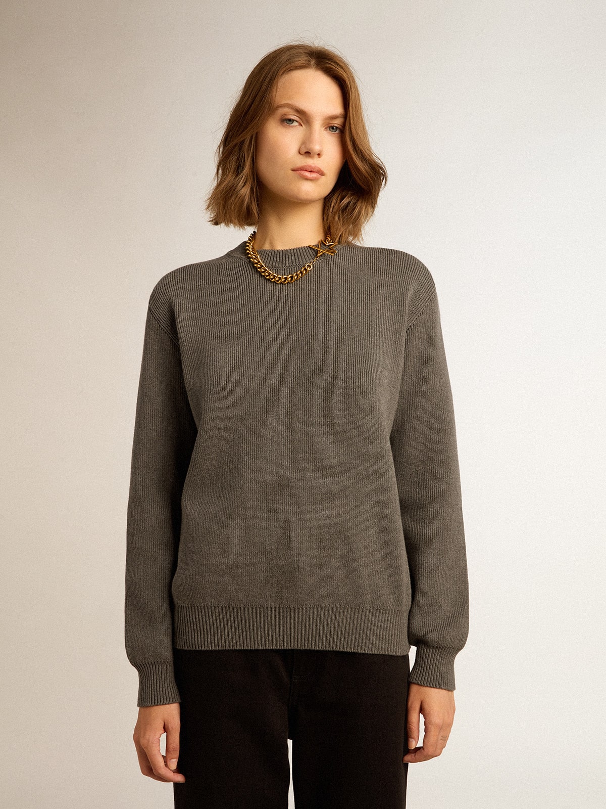 Women's round-neck sweater in dark gray cotton with logo on the back| Golden Goose