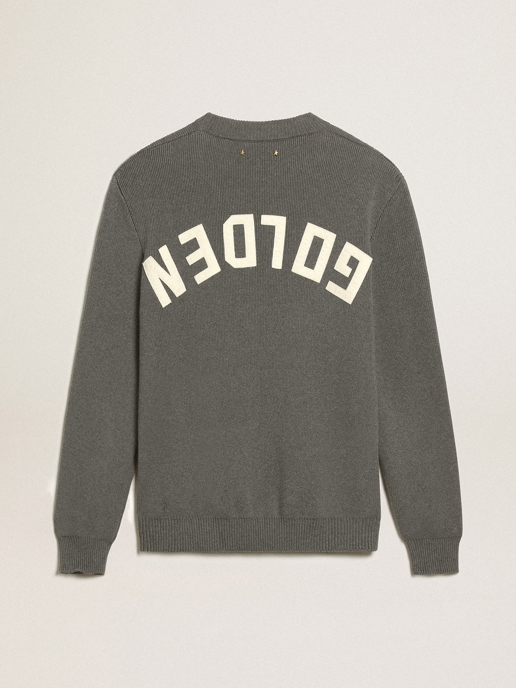Men's round-neck sweater in dark gray cotton with logo on the back| Golden Goose