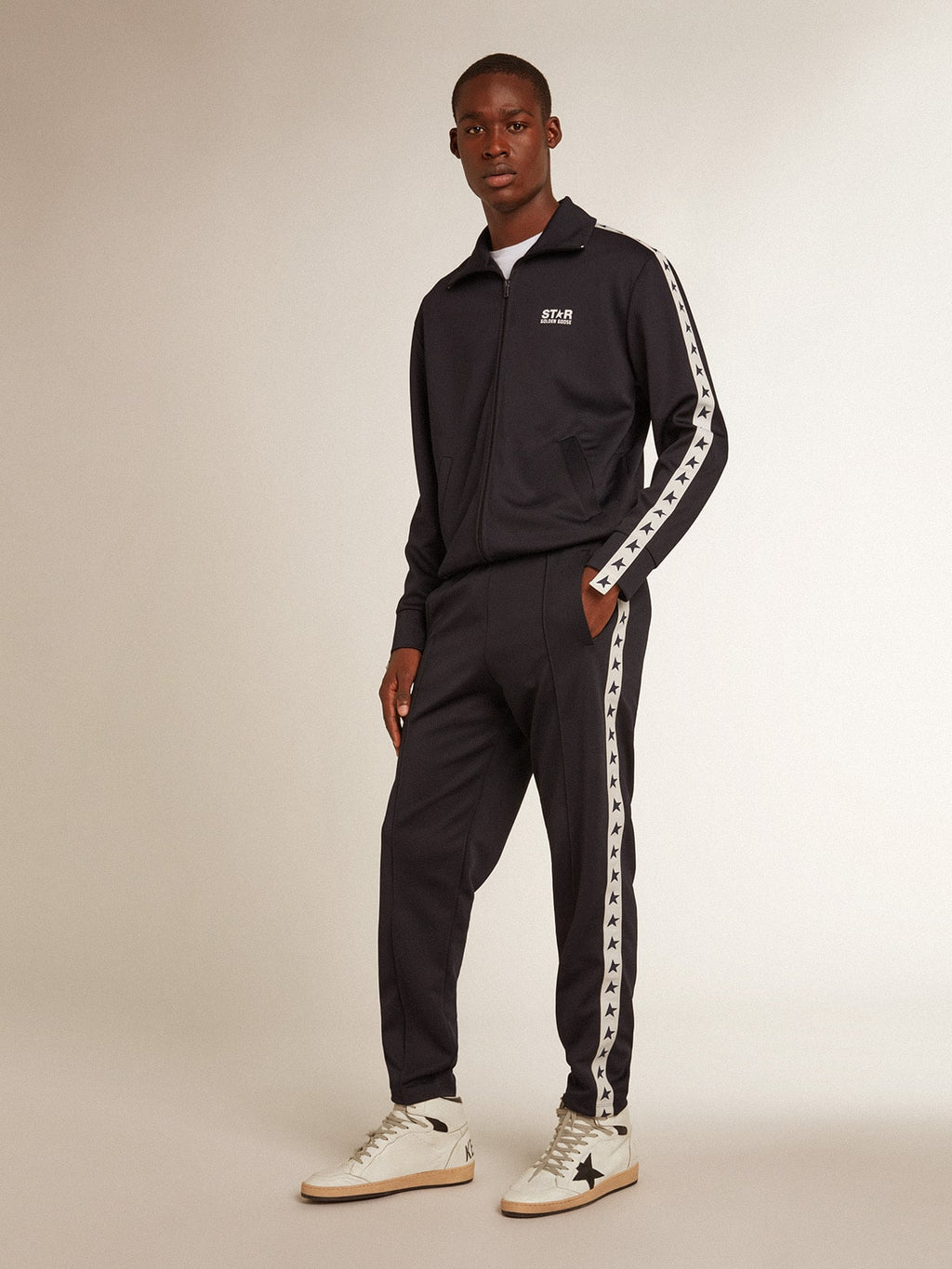 Dark blue joggers with contrasting strip and stars| Golden Goose