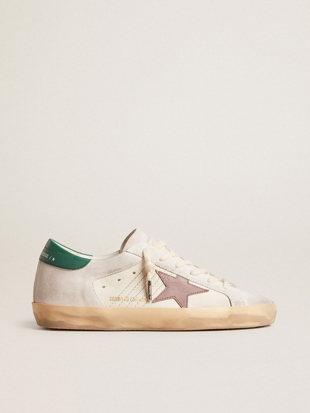 Super-Star LTD in suede with pink leather star and green heel tab| Golden Goose