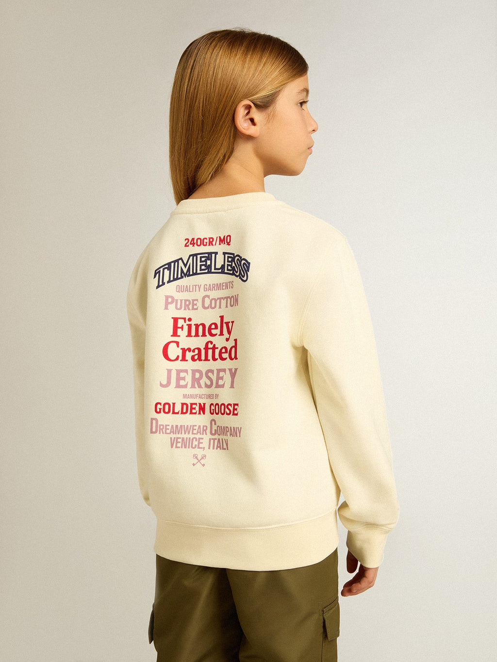 Girls' T-shirt in worn white with embroidery on the front and print on the back| Golden Goose