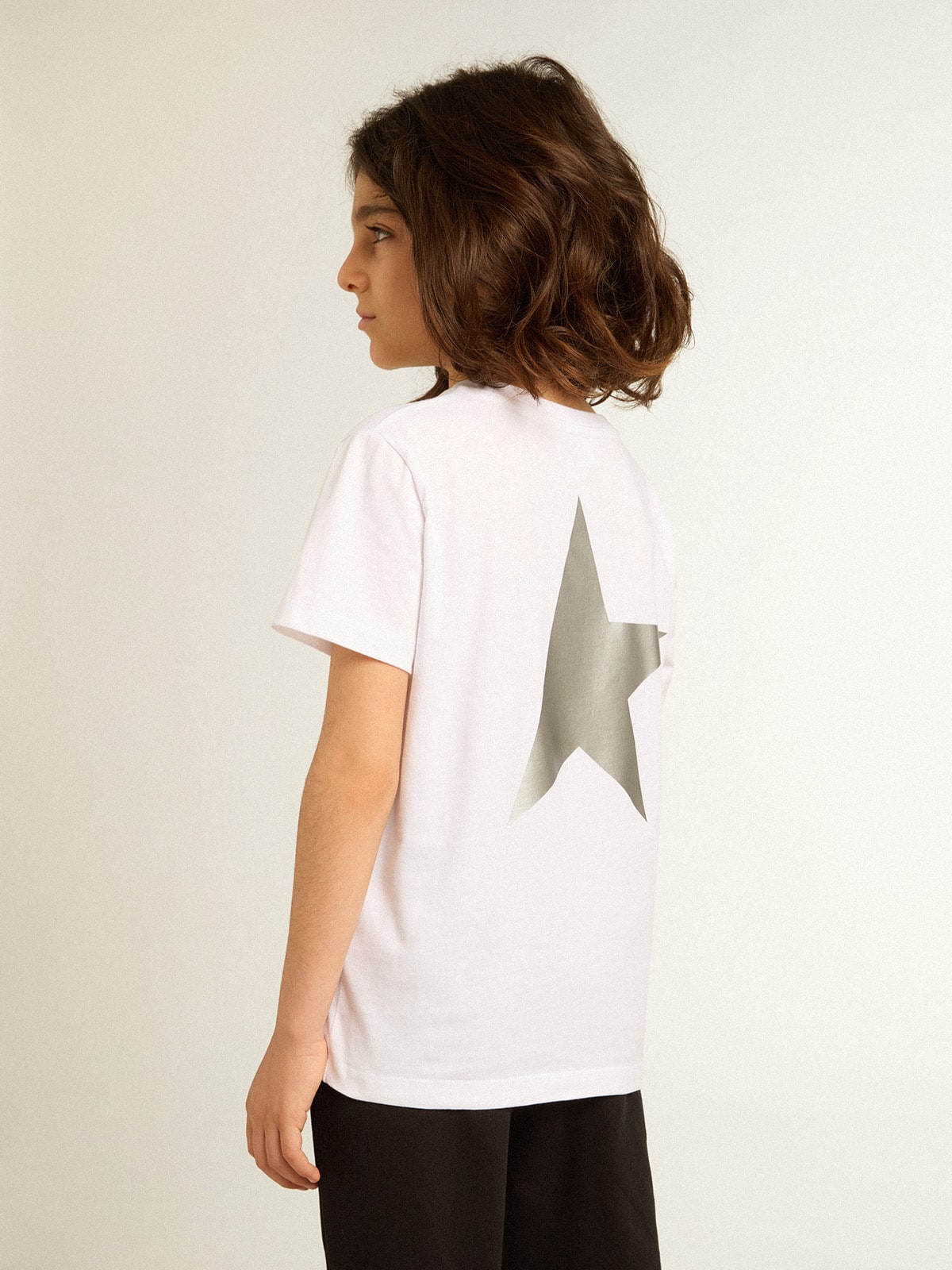 White T-shirt with contrasting silver logo on the front| Golden Goose
