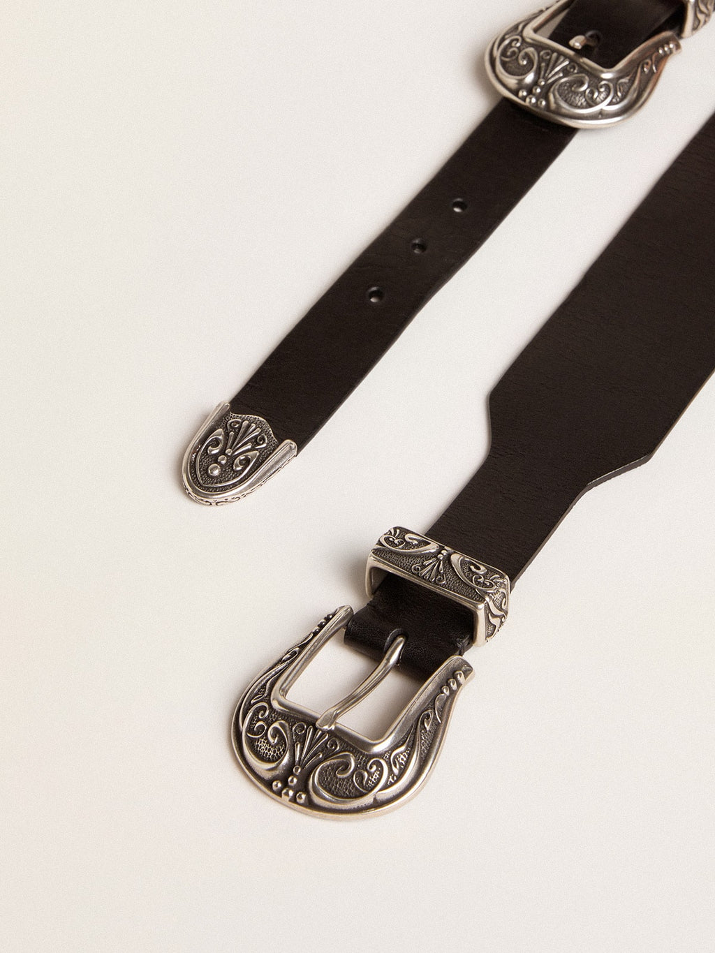Black belt in washed leather with silver-colored double buckle| Golden Goose