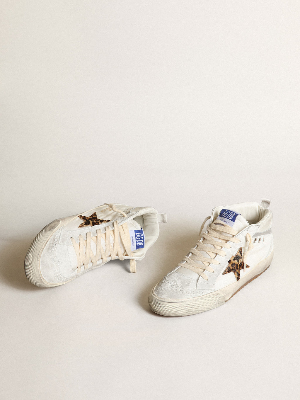 Women's Mid Star LTD in white nylon with leopard print pony skin star| Golden Goose