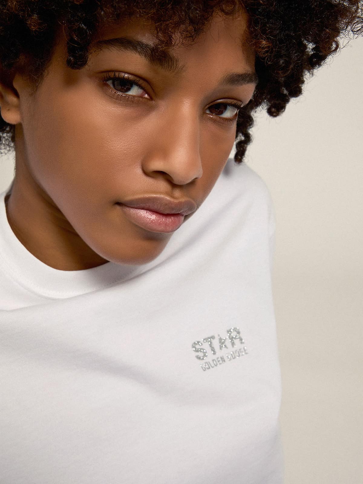 Women's white T-shirt with silver glitter logo and star| Golden Goose