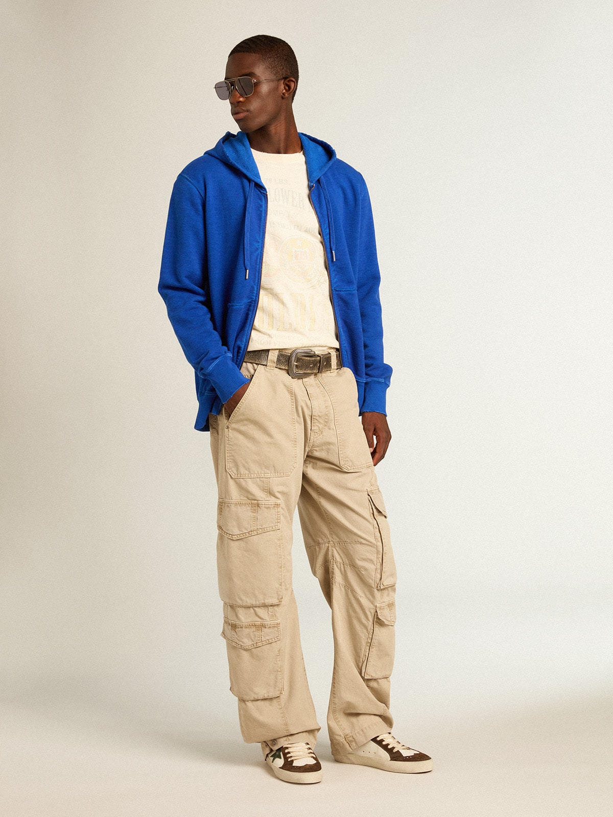 Men's blue-colored hoodie with lettering on the back| Golden Goose