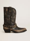 Women's low boots in glossy black leather with chain| Golden Goose