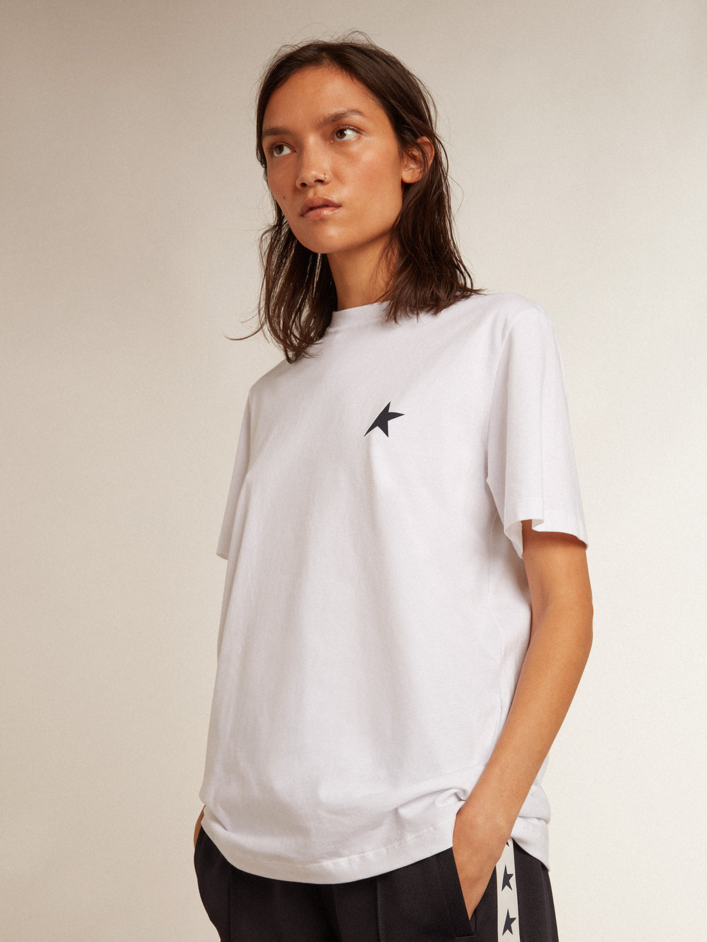 Women's white T-shirt with dark blue star on the front| Golden Goose