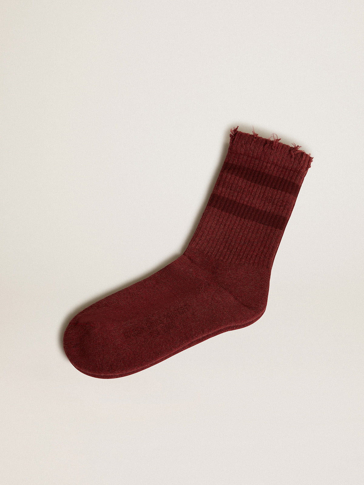 Burgundy socks with distressed details and tone-on-tone stripes| Golden Goose