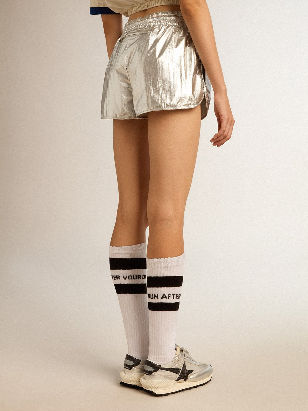 Women's running shorts in silver fabric| Golden Goose