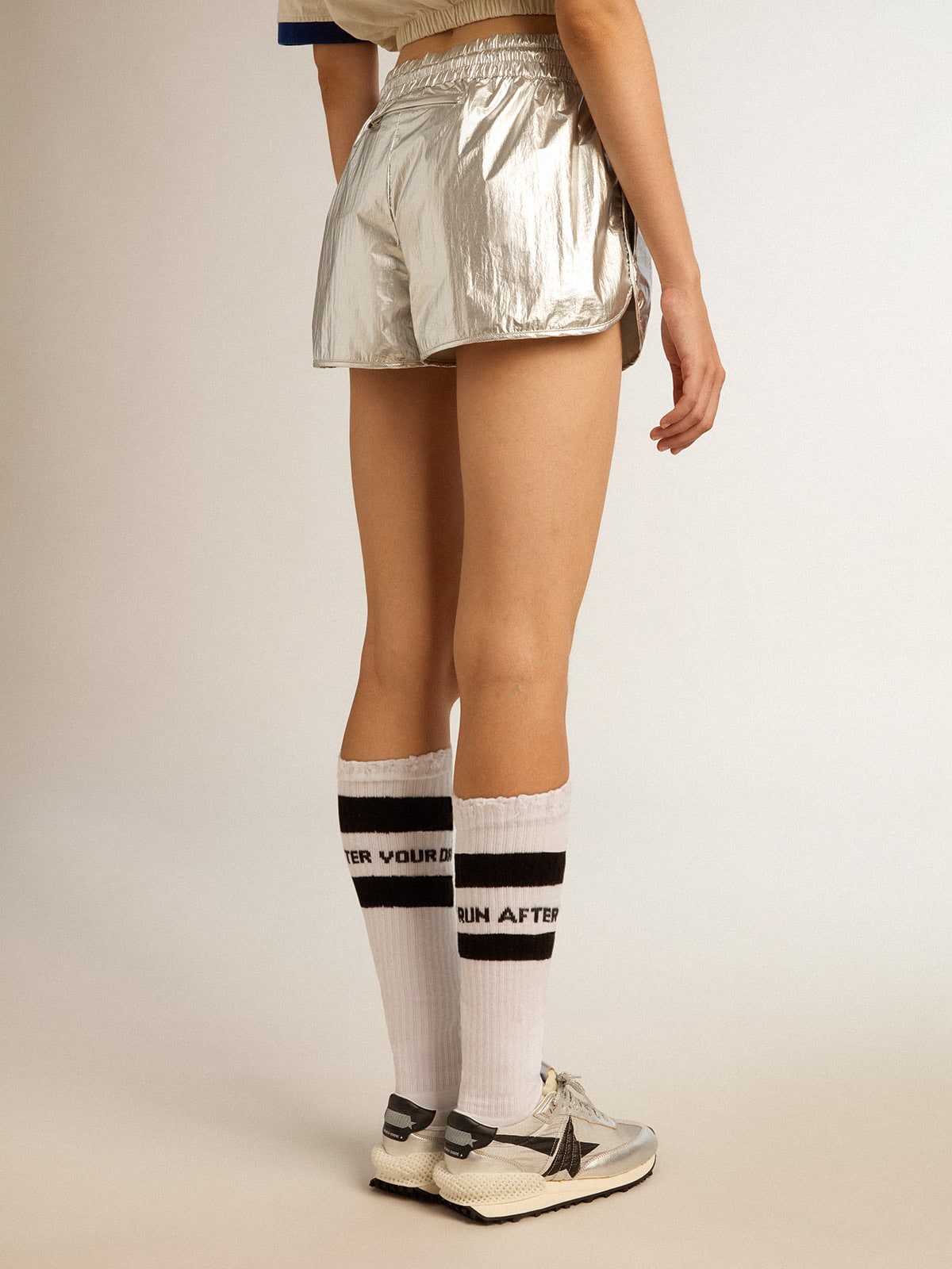 Women's running shorts in silver fabric| Golden Goose