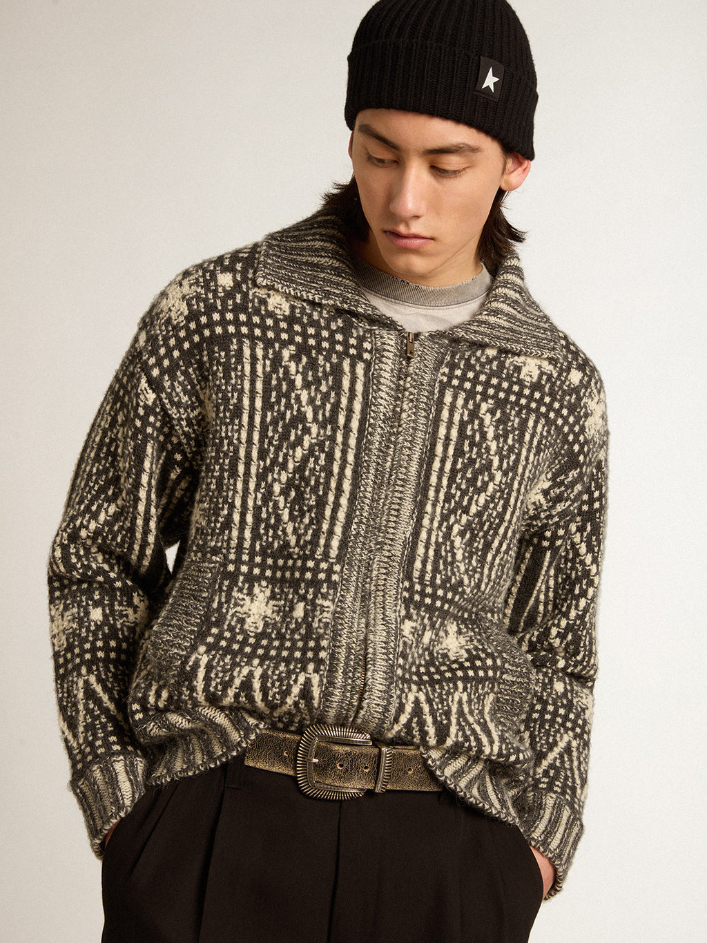 Cardigan with dark gray Fair Isle pattern| Golden Goose
