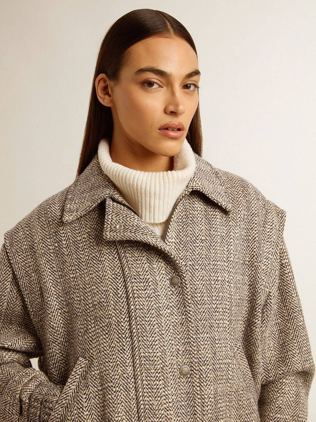 Women's bomber jacket in ecru brown herringbone wool| Golden Goose