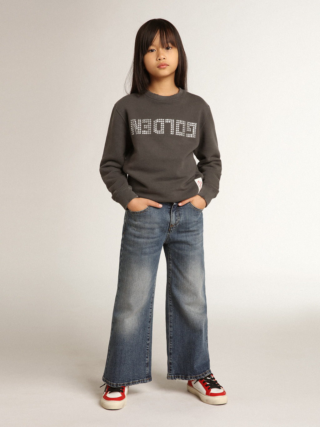 Distressed gray sweatshirt with crystal lettering| Golden Goose
