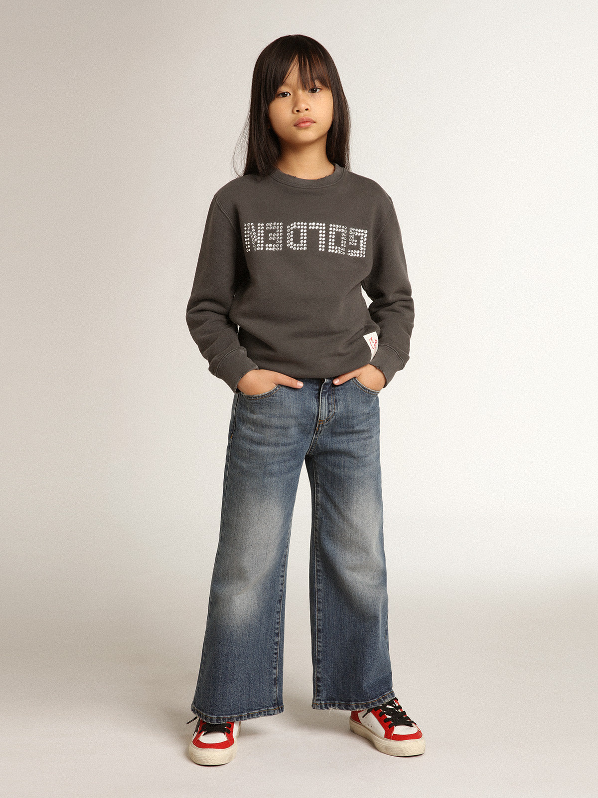 Distressed gray sweatshirt with crystal lettering| Golden Goose