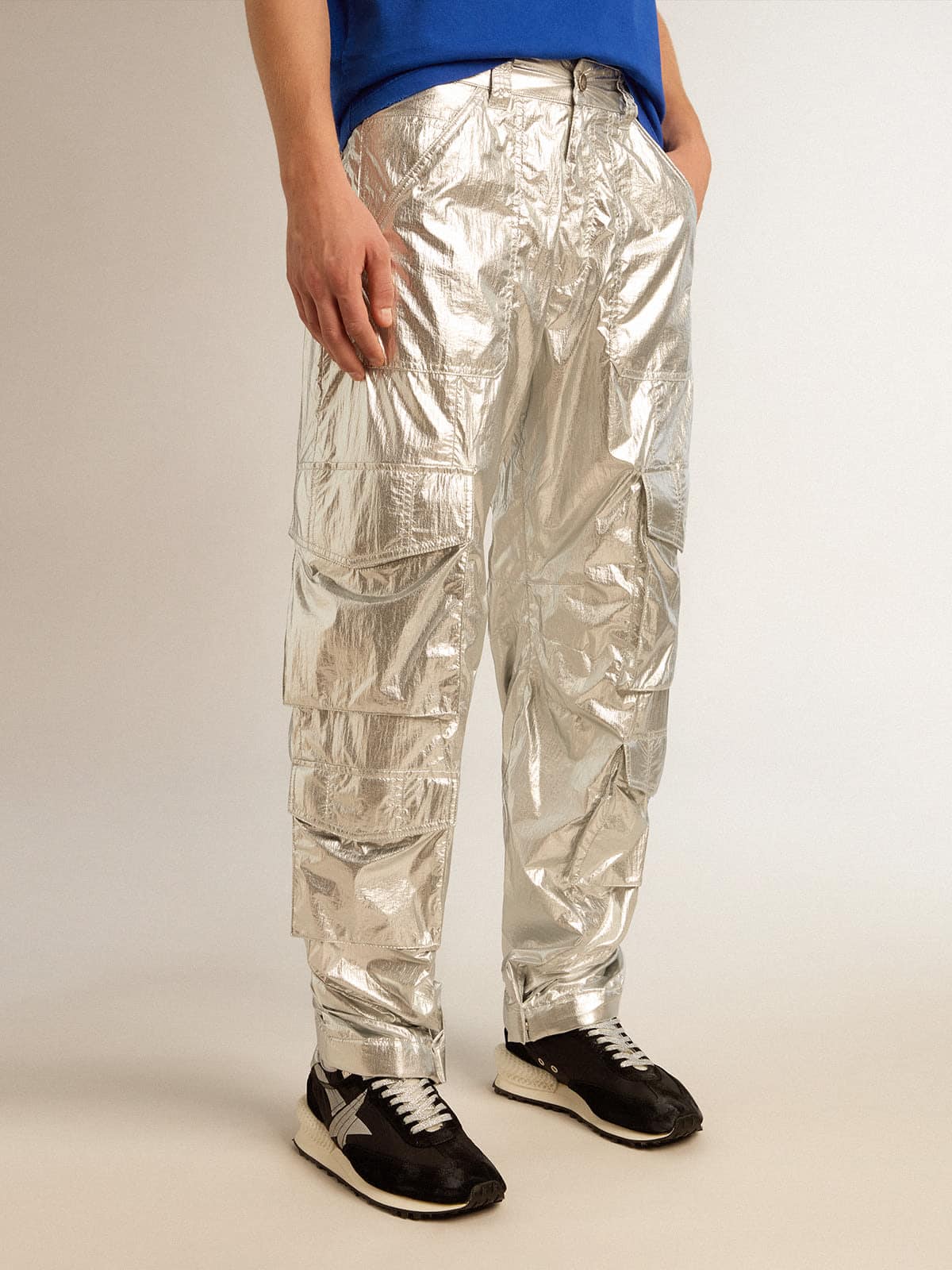 Men's cargo pants in silver technical fabric| Golden Goose