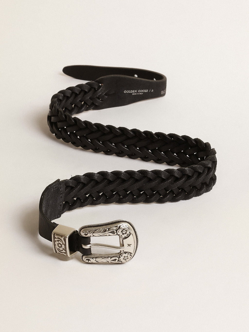 Belt in black braided leather with silver color buckle| Golden Goose