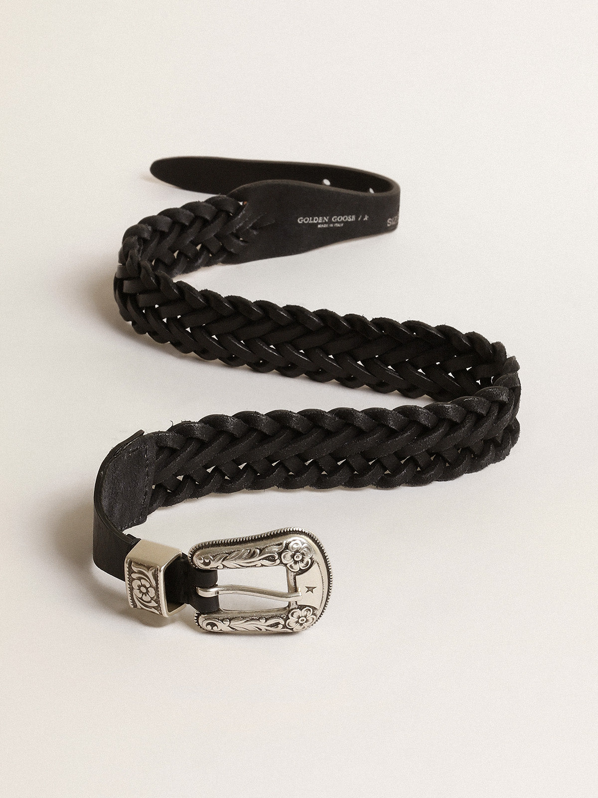 Belt in black braided leather with silver color buckle| Golden Goose