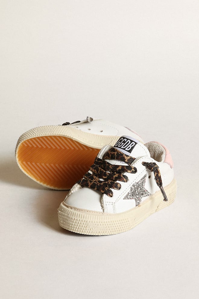 May sneakers with silver glitter star and pink leather heel tab| Golden Goose