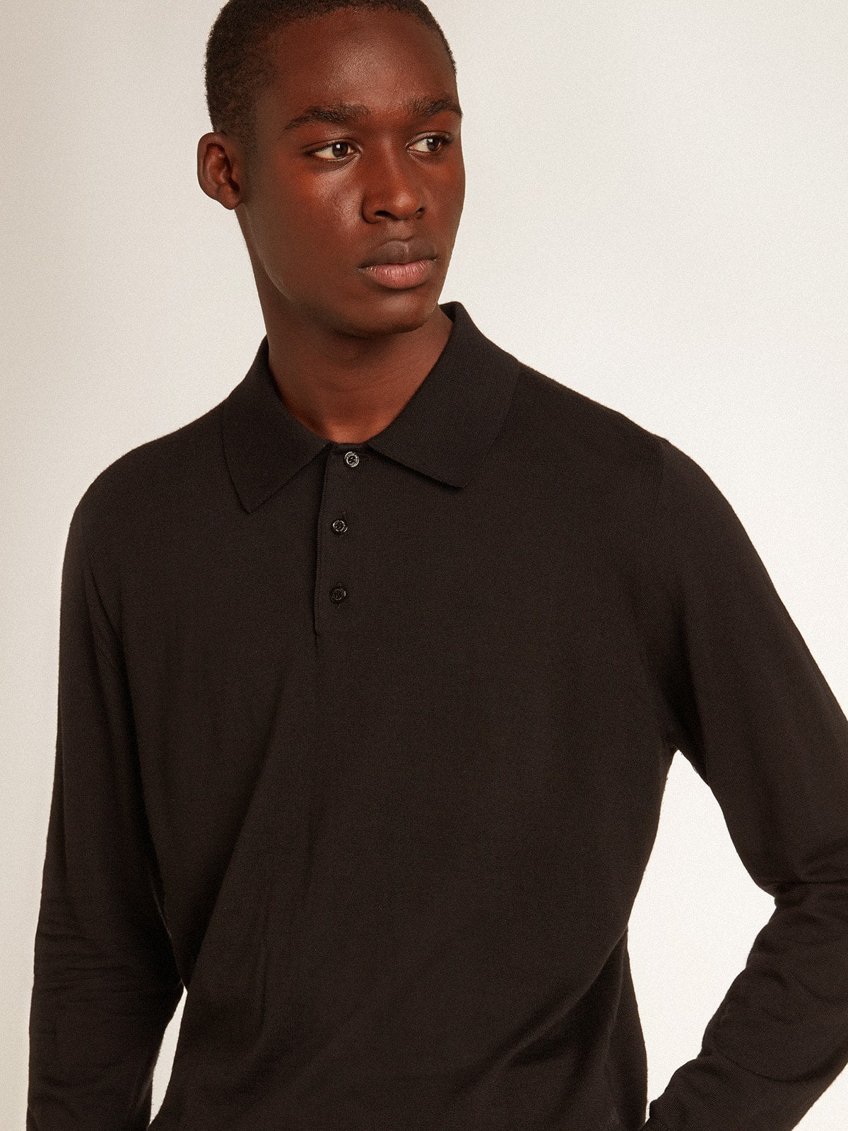 Men's long-sleeved polo shirt in black merino wool| Golden Goose