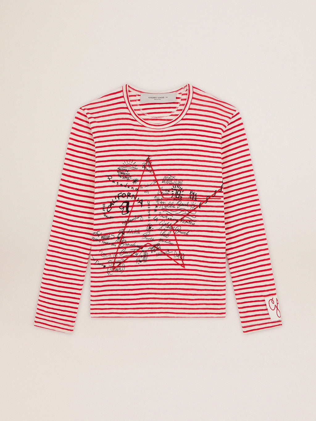 Women's T-shirt with white and red stripes and embroidery on the front| Golden Goose