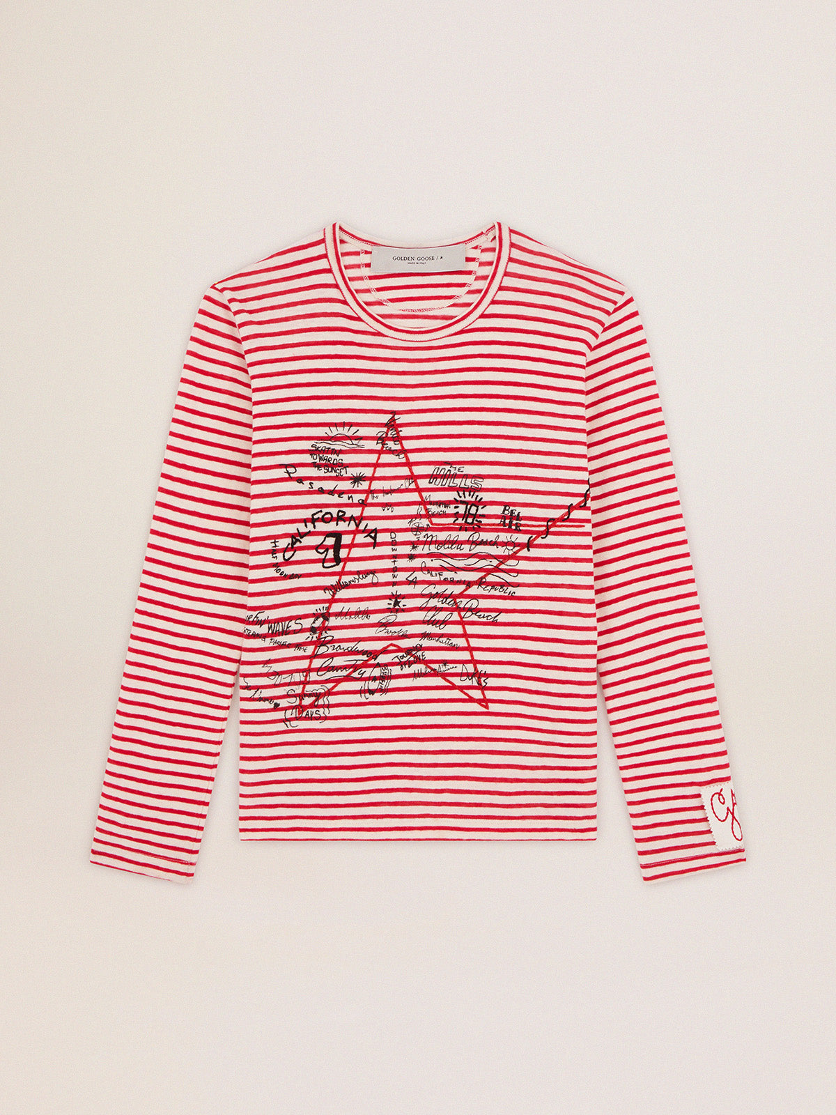 Women's T-shirt with white and red stripes and embroidery on the front| Golden Goose