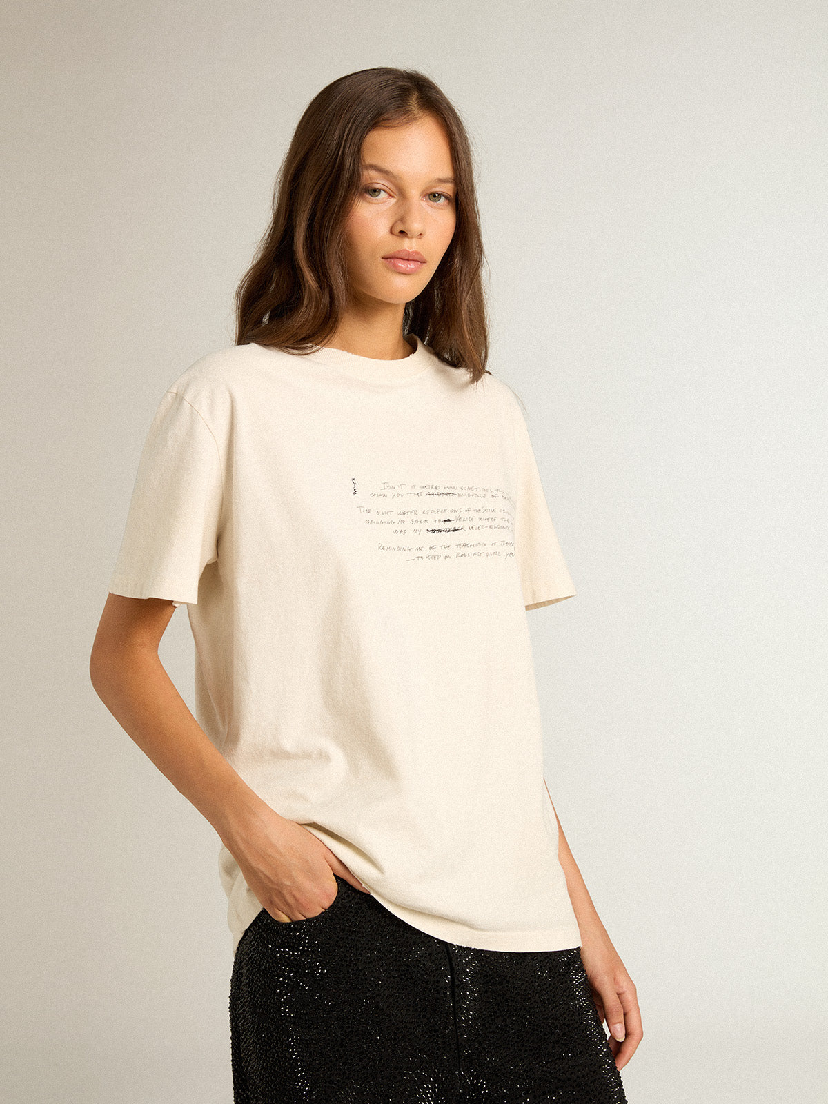 Women's cotton T-shirt in aged white with embroidered lettering| Golden Goose