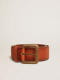 Belt in tan-colored washed leather with raised print| Golden Goose
