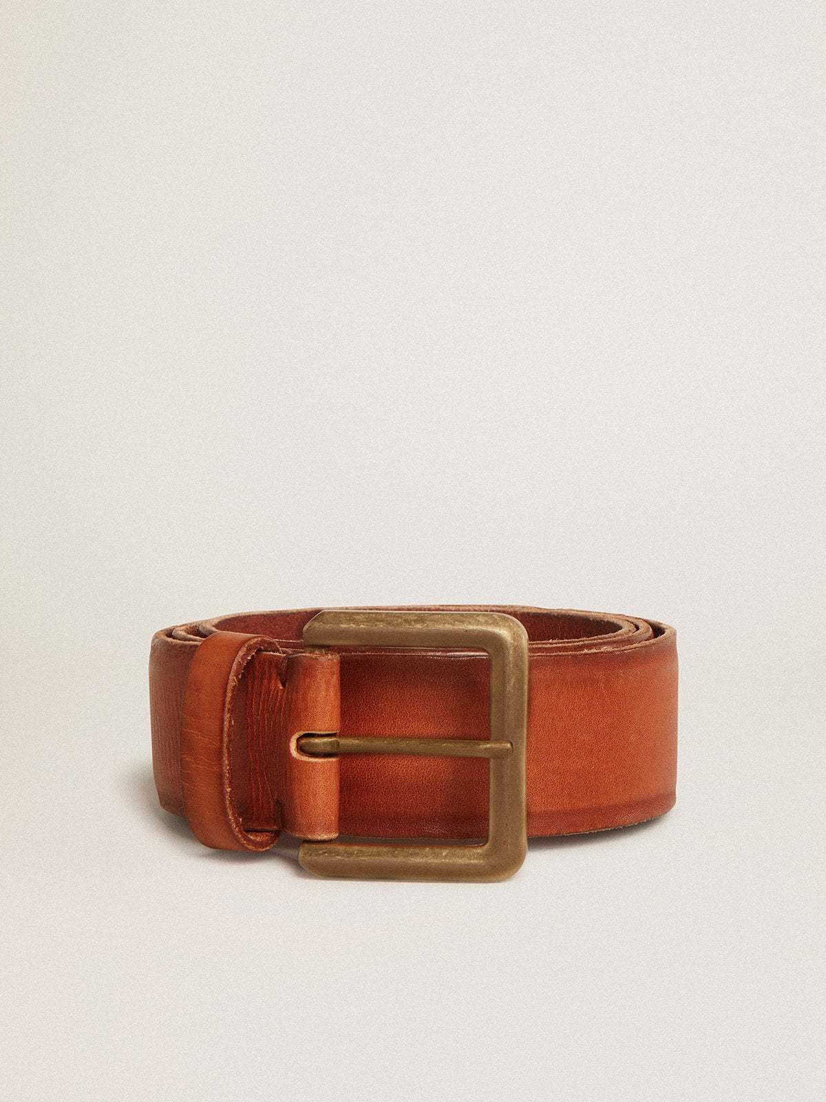 Belt in tan-colored washed leather with raised print| Golden Goose