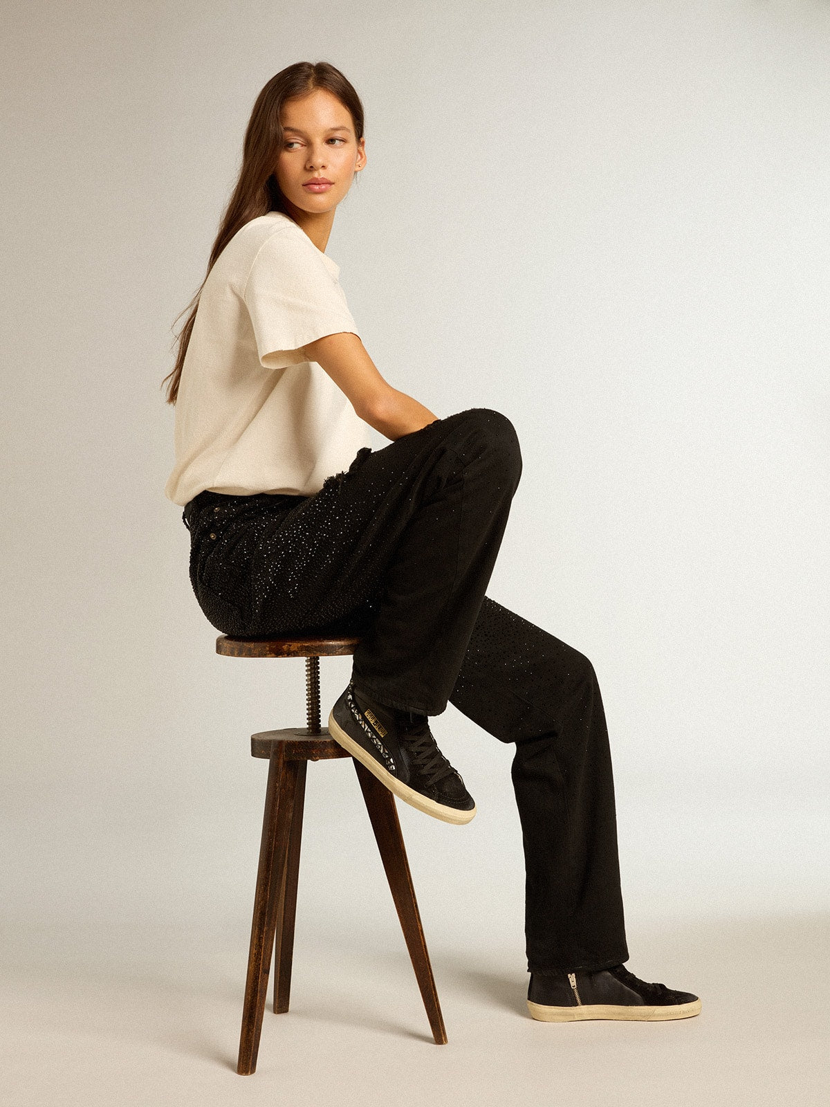 Slide in leather with black star and Swarovski crystal flash| Golden Goose