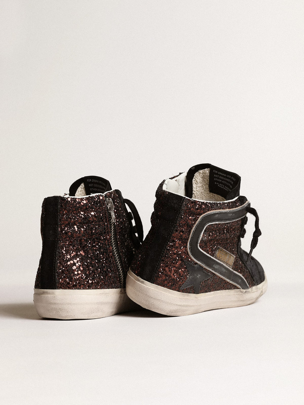 Slide in brown glitter with black leather star and flash| Golden Goose