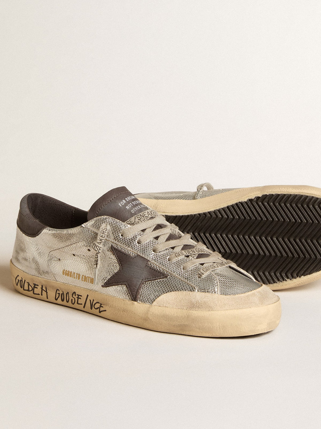 Men's silver Super-Star LTD with black nubuck star and heel tab| Golden Goose