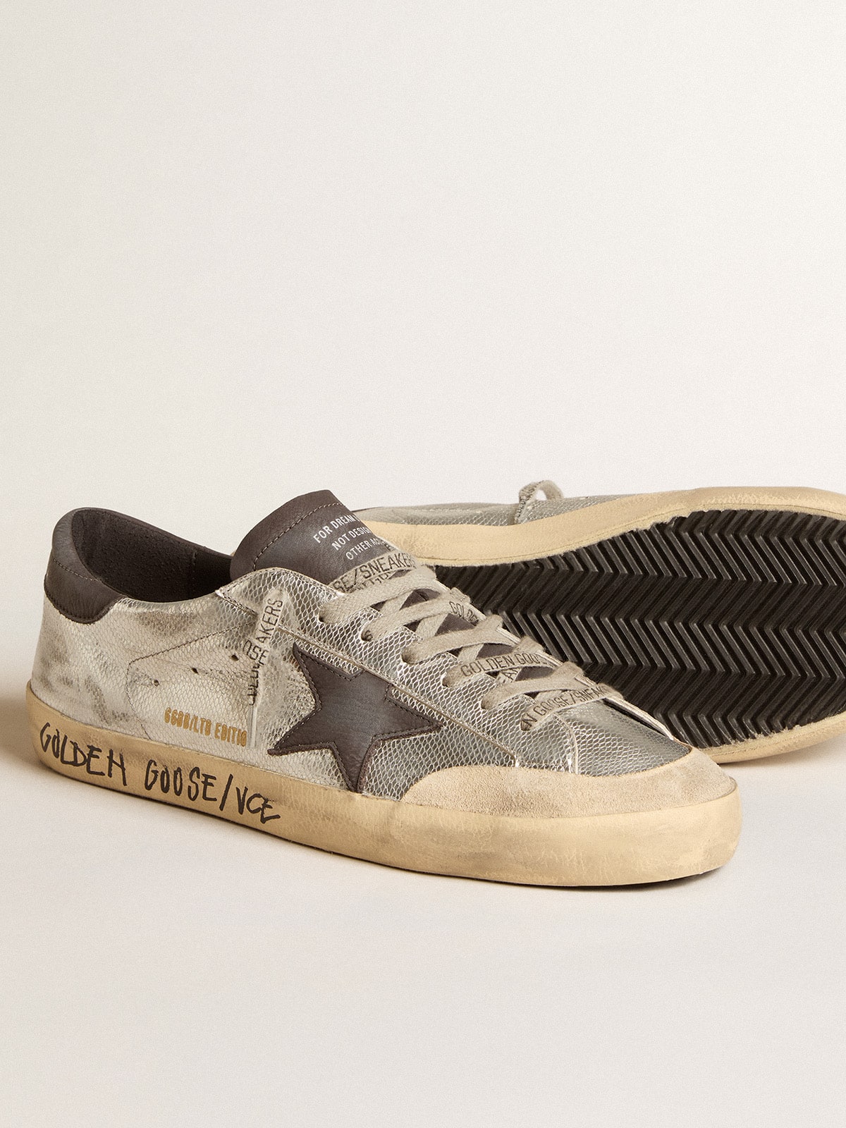 Men's silver Super-Star LTD with black nubuck star and heel tab| Golden Goose