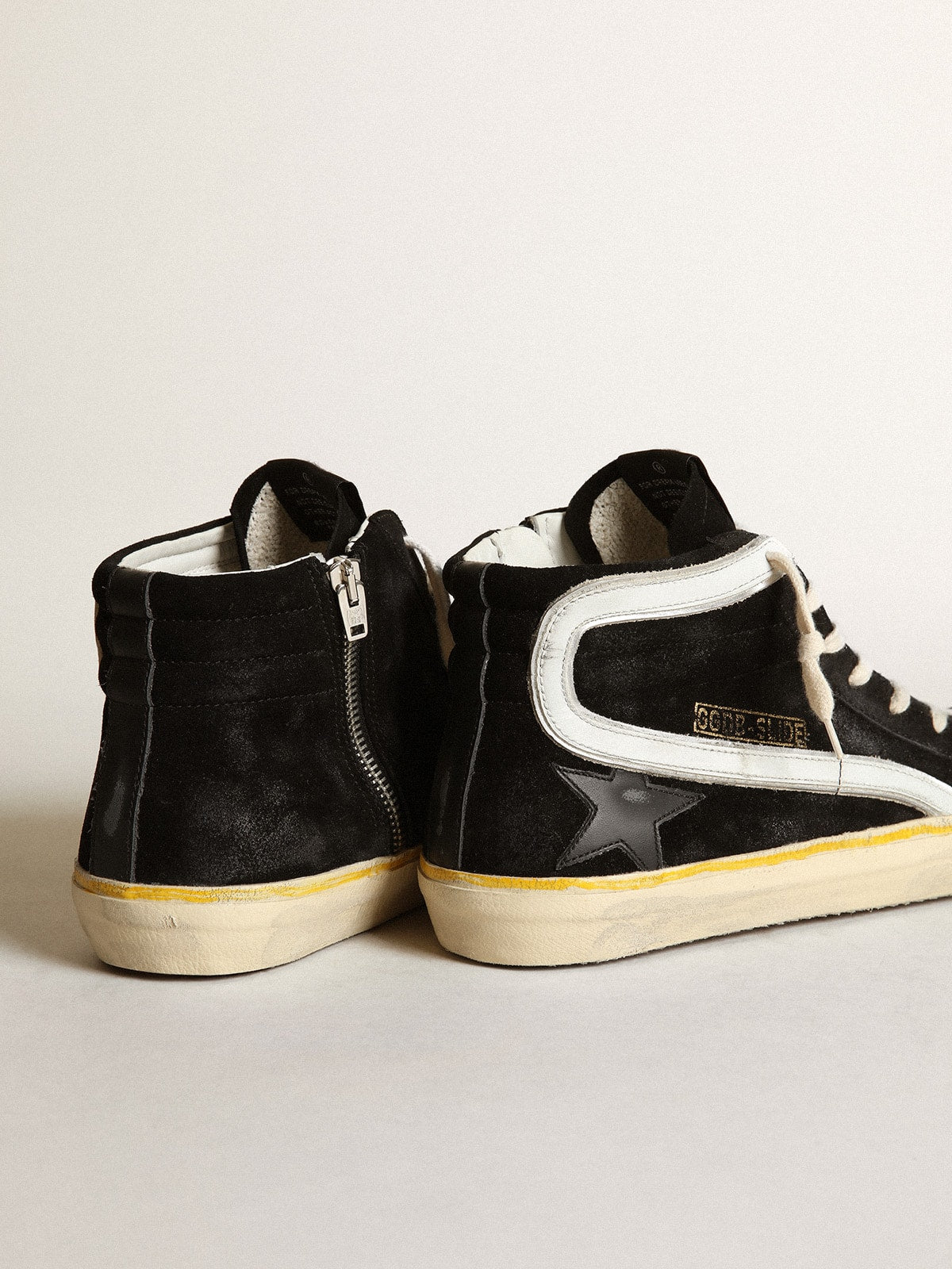 Men's Slide Penstar in black suede with black star and white flash| Golden Goose
