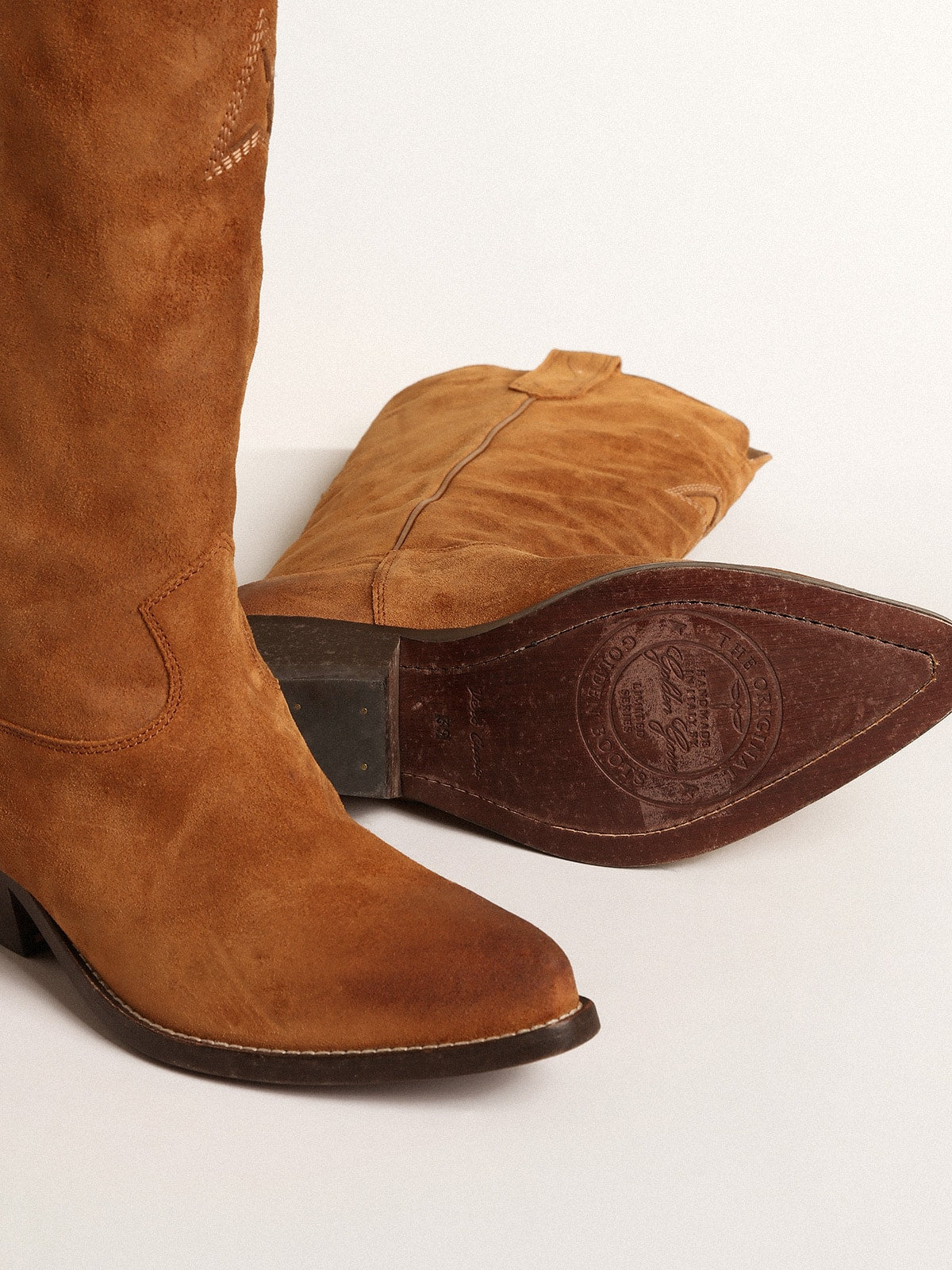Wish Star boots in cognac suede with tone-on-tone inlay star| Golden Goose