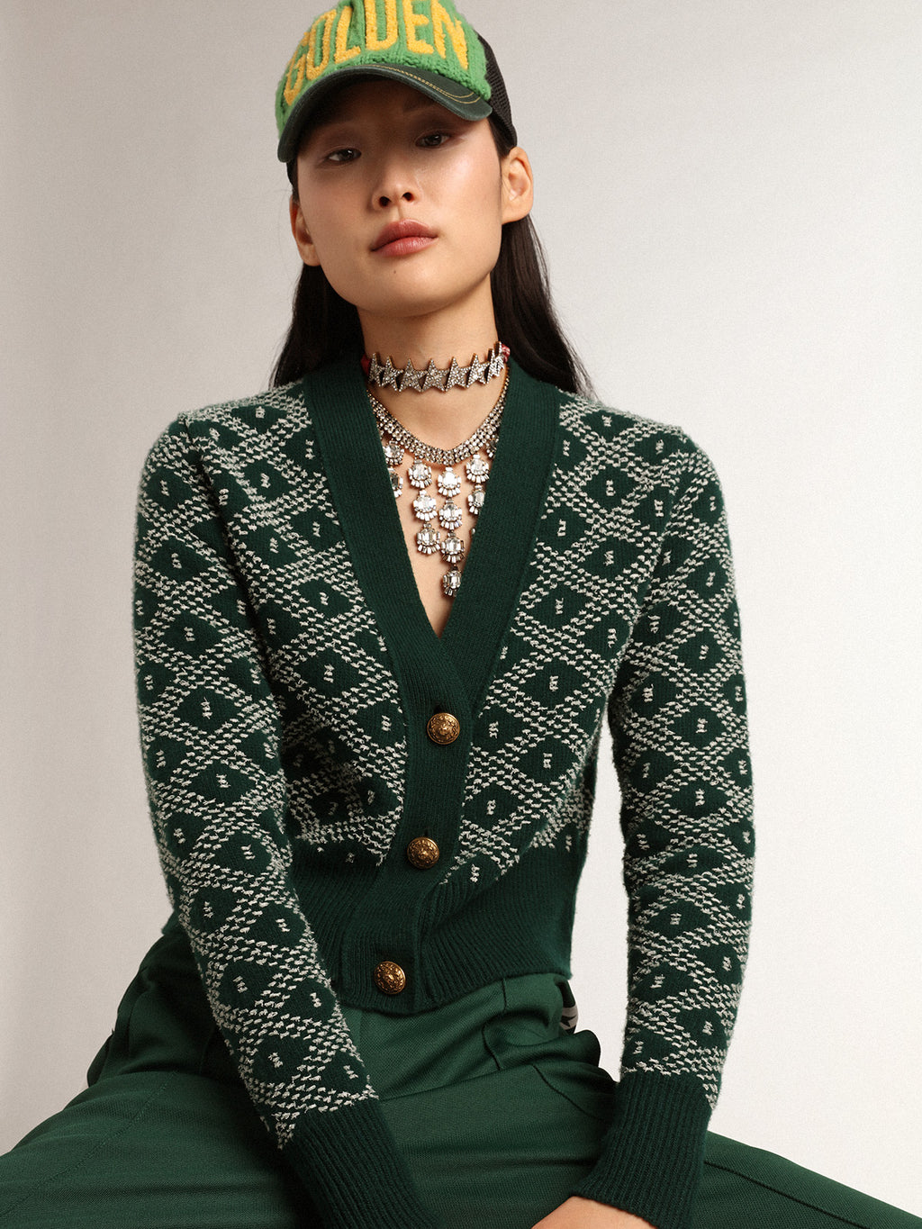Women's cropped cardigan with green and white jacquard diamond pattern| Golden Goose