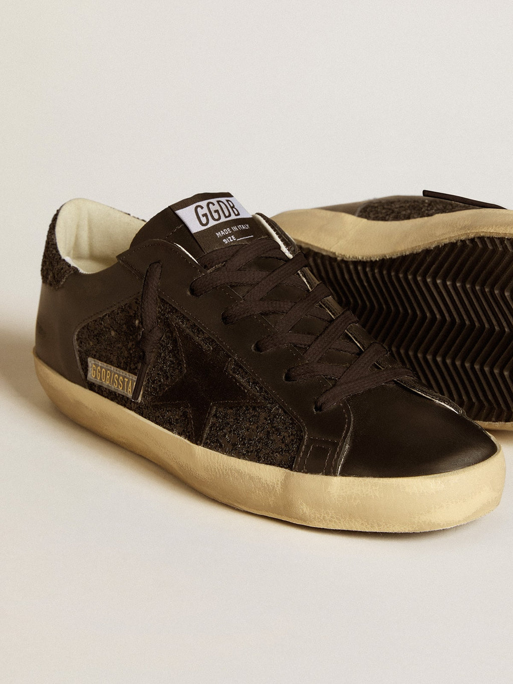 Super-Star in black glitter with black suede star and leather inserts| Golden Goose