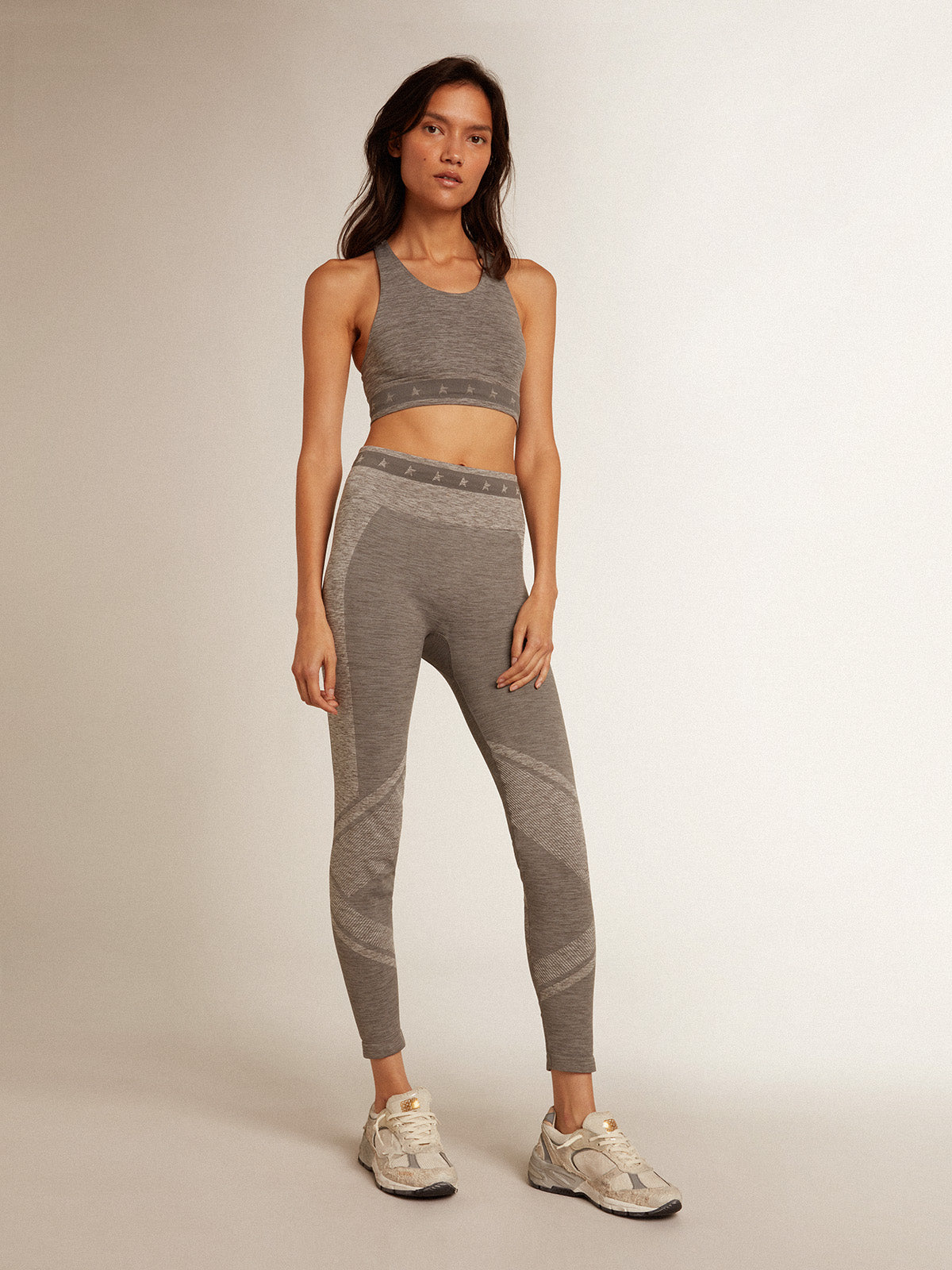 Women's gray melange leggings with mixed stitching| Golden Goose