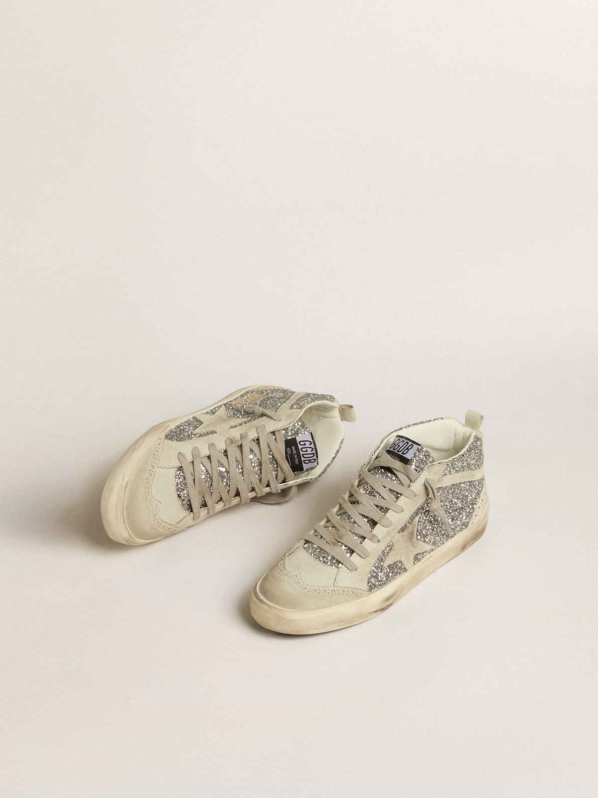 Mid Star in silver glitter with ice-gray suede star and flash| Golden Goose