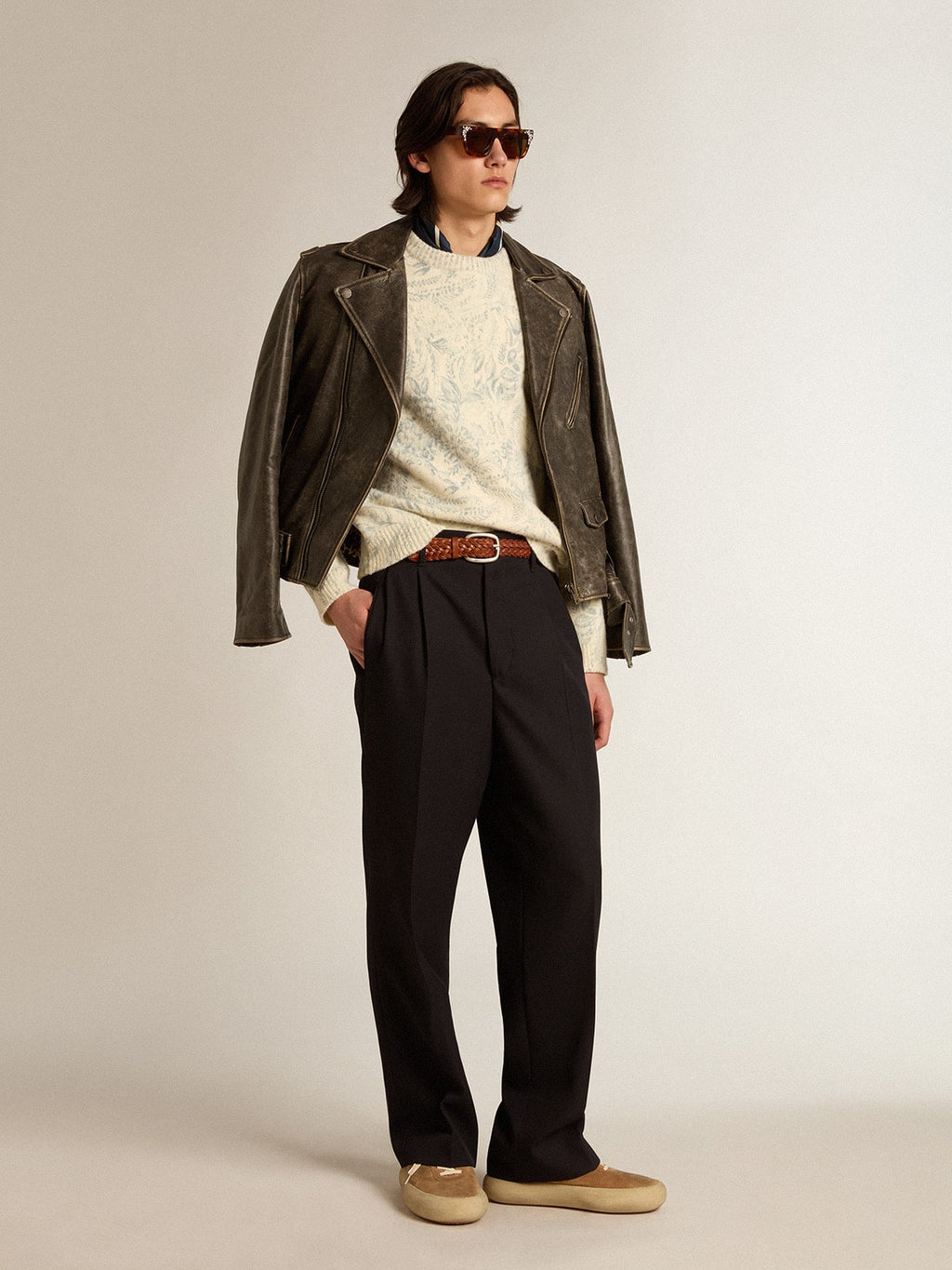 Men's round-neck sweater in wool with all-over toile de jouy pattern| Golden Goose