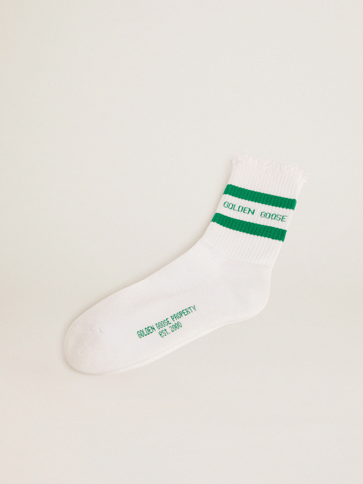 Cotton socks with distressed finishes, green stripes and logo| Golden Goose