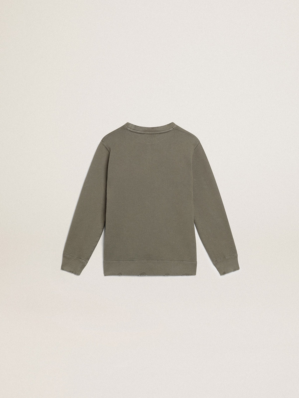 Distressed olive-green sweatshirt with Golden lettering on the front| Golden Goose